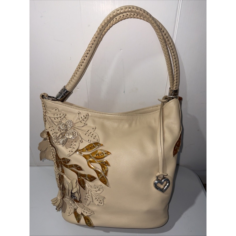 Brighton Collection  Beige Leather Double Handle Applied Floral Design D214154